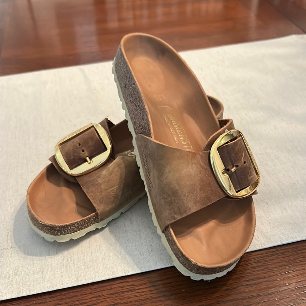 Birkenstock Tan Sandals with Gold Buckle